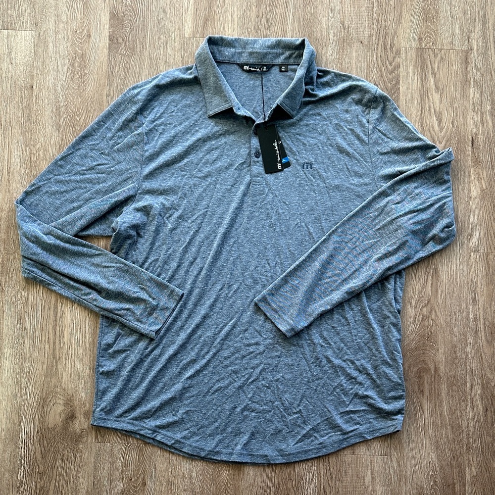 NWT Travis Mathew Wilderness Long Sleeve Polo‎ Heather Indigo XXL Golf Scoop Hem